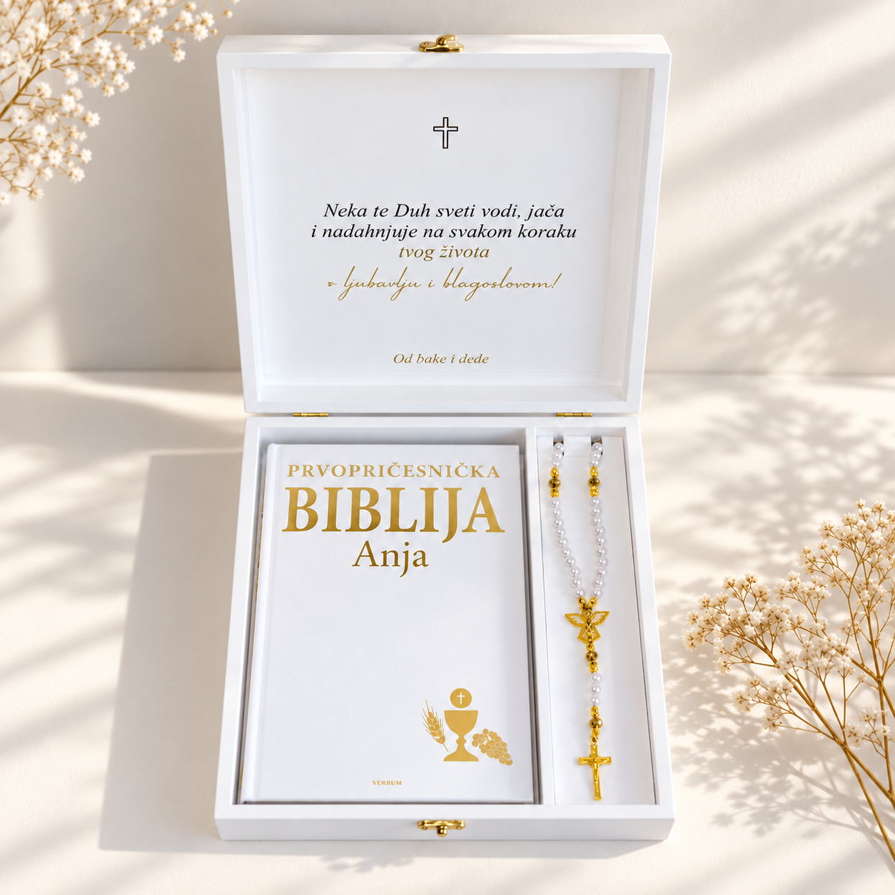 Premium pričest set s personaliziranom prvopričesničkom Biblijom